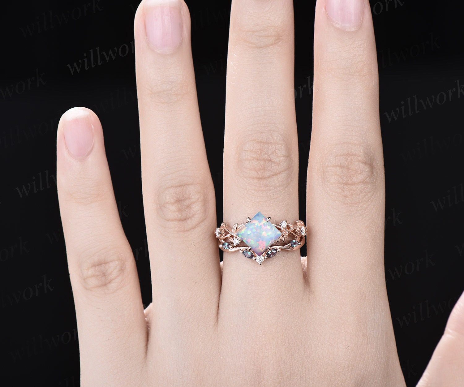 Princess white opal engagement ring set 14k rose gold five stone leaf branch Nature inspired alexandrite diamond bridal ring set women gift