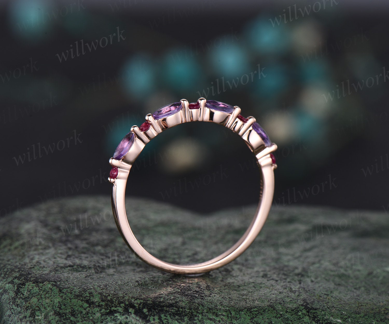 Natural red ruby Marquise cut amethyst wedding band solid 14k rose gold dainty stacking matching anniversary ring women gift