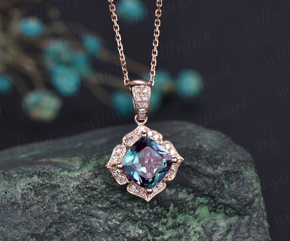 Cushion cut Alexandrite necklace solid 14k 18K rose gold floral halo diamond pendant women antique anniversary gift color change gemstone