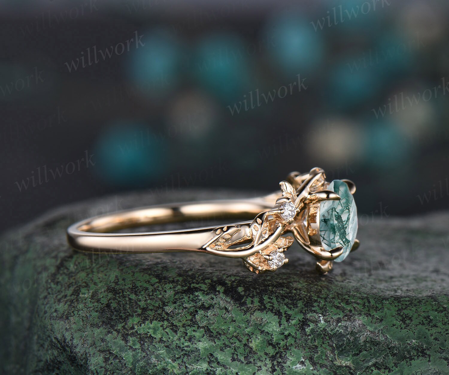 Round cut green moss agate ring vintage yellow gold leaf nature inspired unique engagement ring five stone diamond bridal wedding ring women