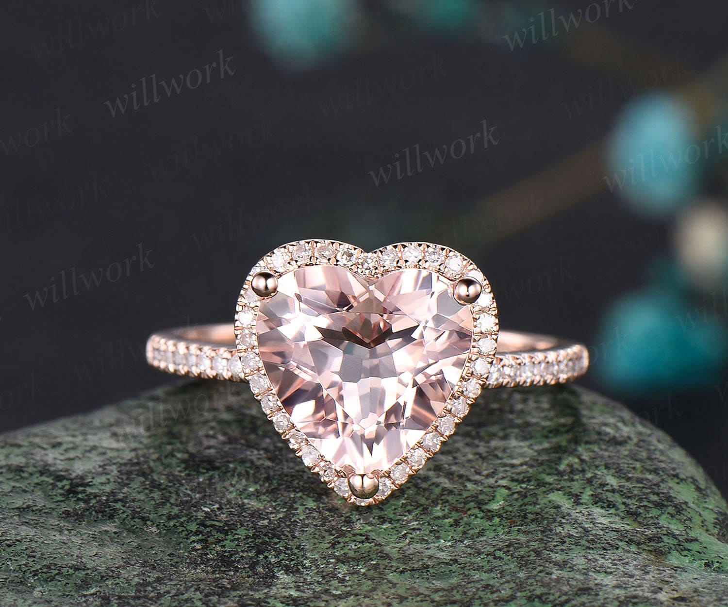 Heart shaped morganite engagement ring solid 14k rose gold half eternity halo diamond ring women unique wedding promise ring jewelry