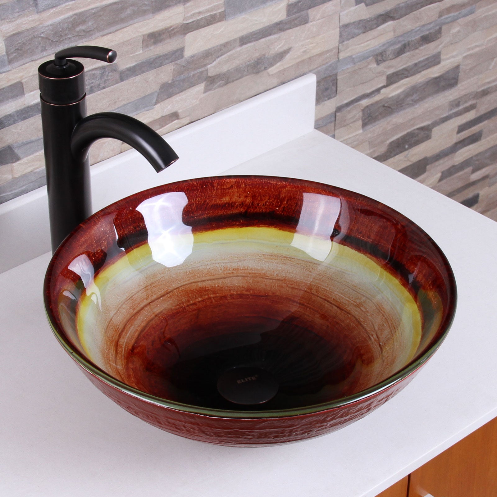 ELITE Rainbow Pattern Tempered Glass Bathroom Vessel Sink 1508