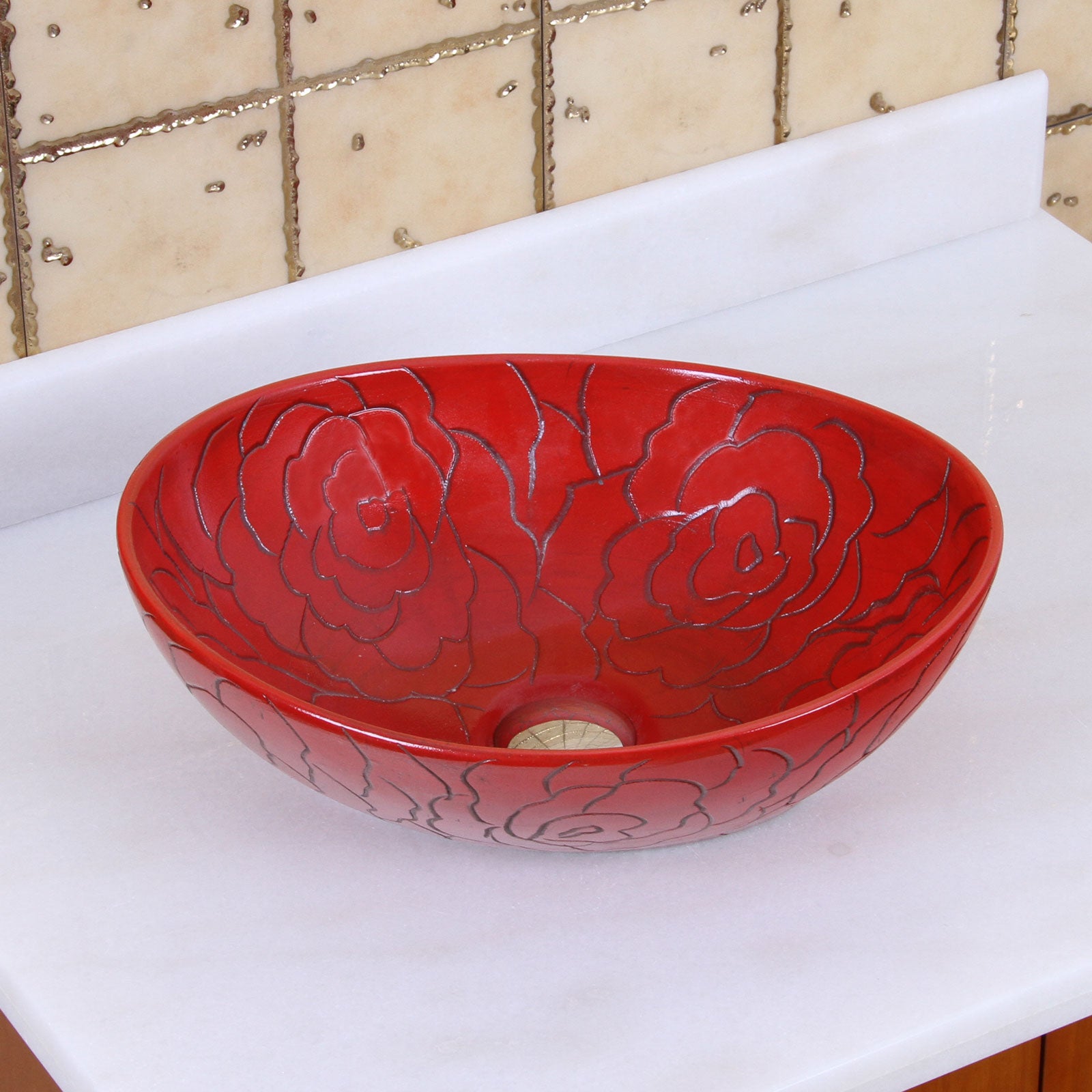 ELITE  Oval Red Rose Porcelain Bathroom Vessel Sink 1557