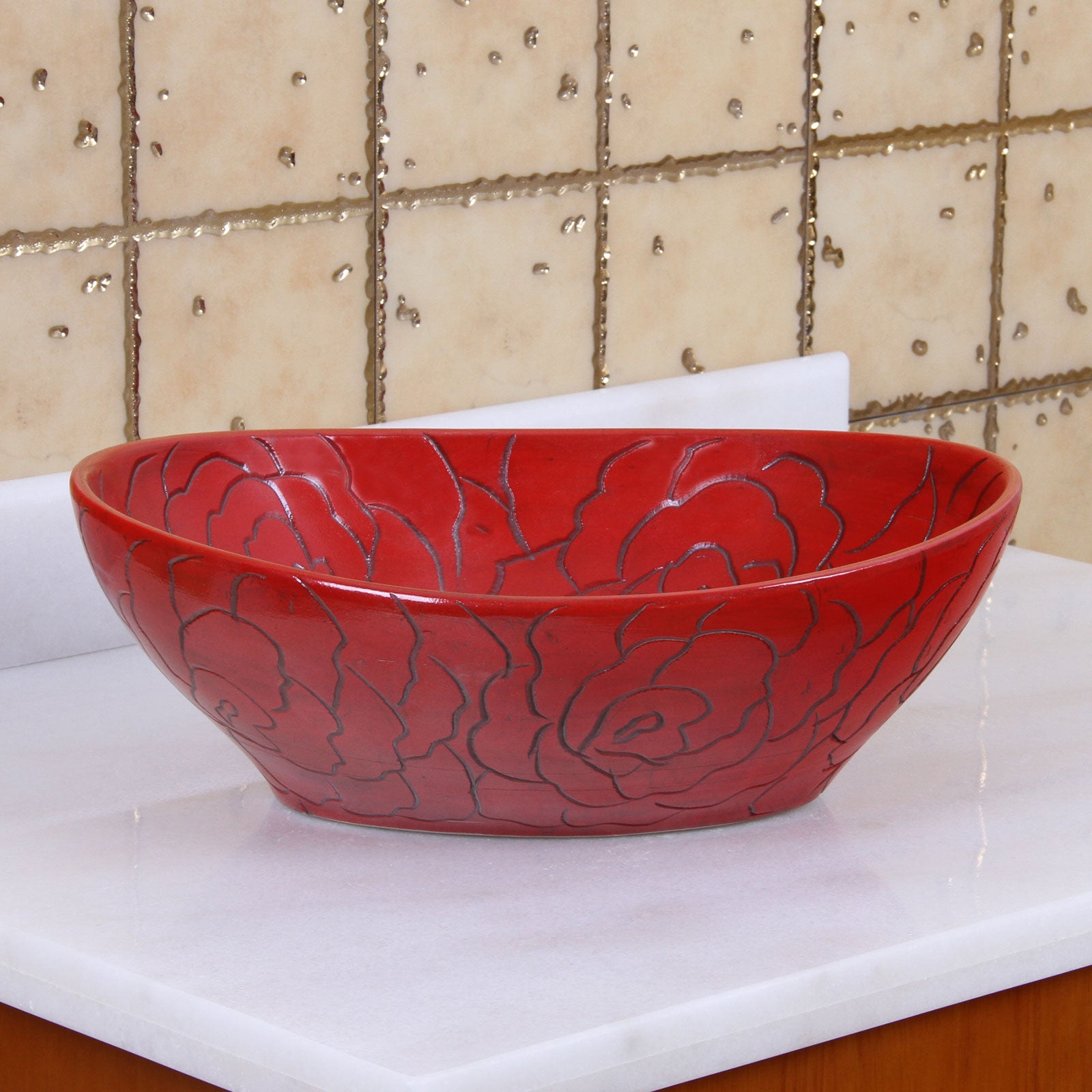 ELITE  Oval Red Rose Porcelain Bathroom Vessel Sink 1557