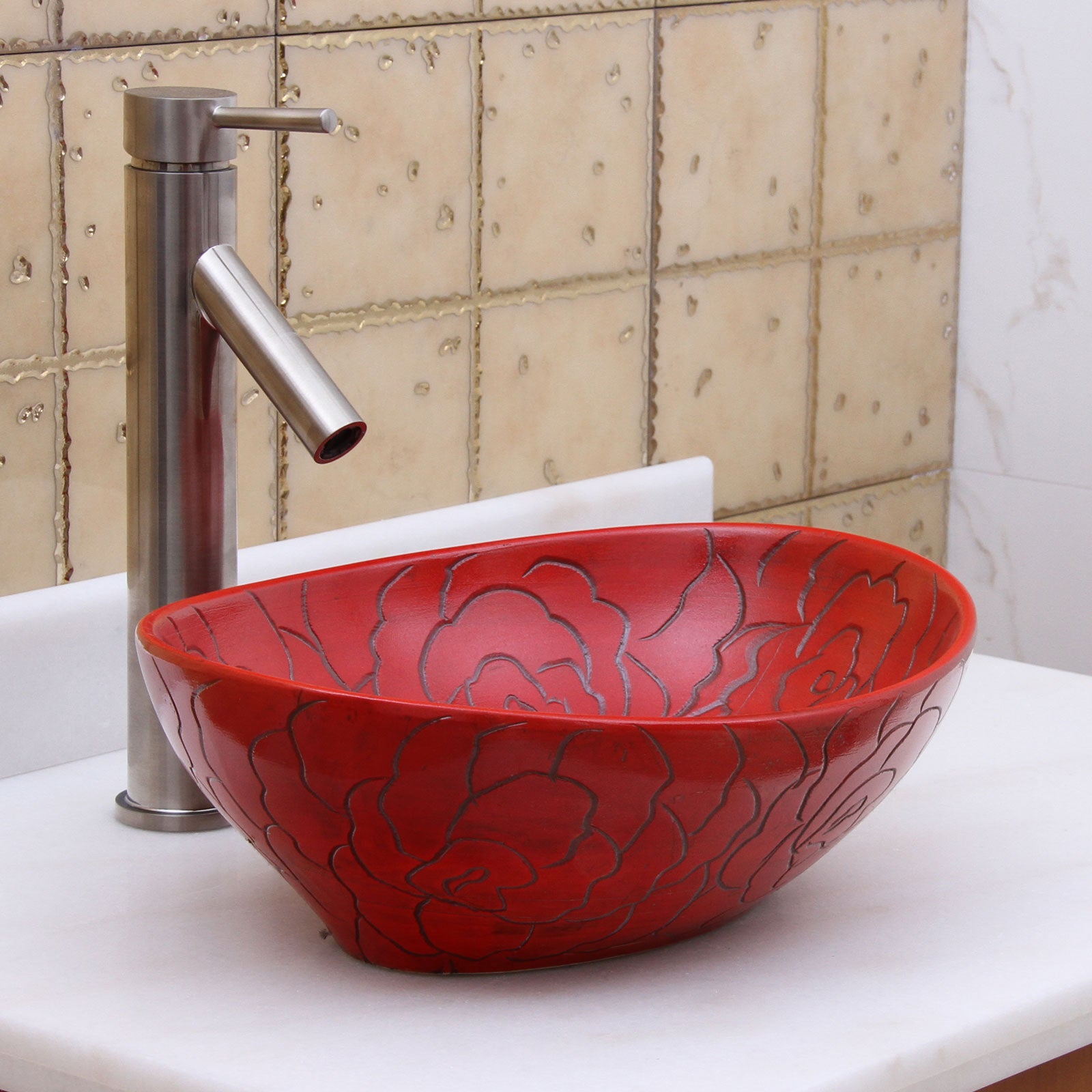 ELITE  Oval Red Rose Porcelain Bathroom Vessel Sink 1557