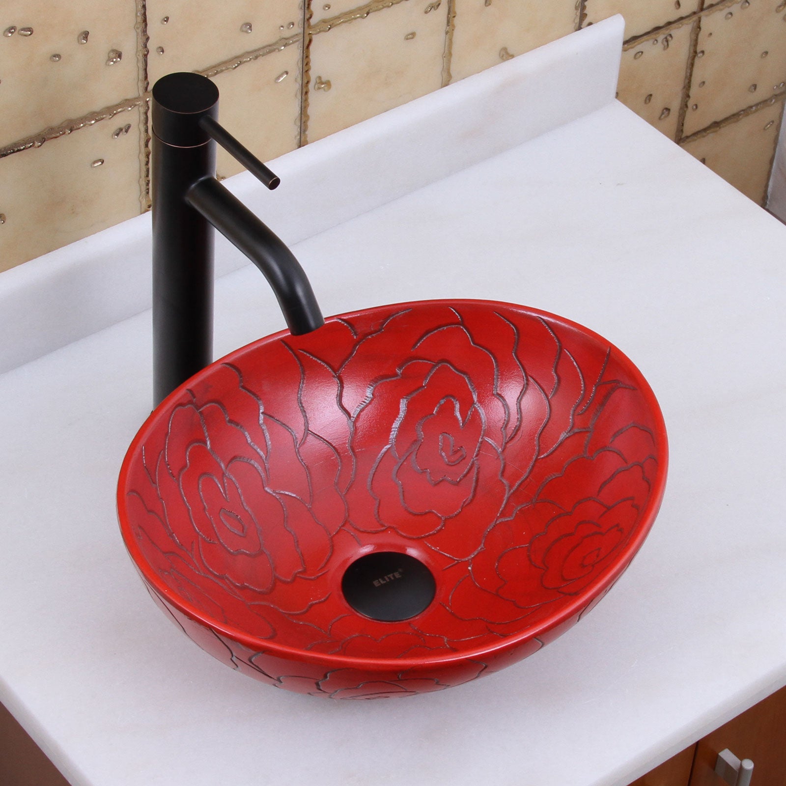 ELITE  Oval Red Rose Porcelain Bathroom Vessel Sink 1557