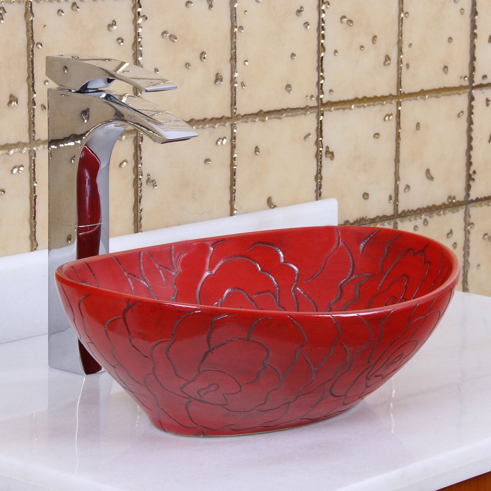 ELITE  Oval Red Rose Porcelain Bathroom Vessel Sink 1557