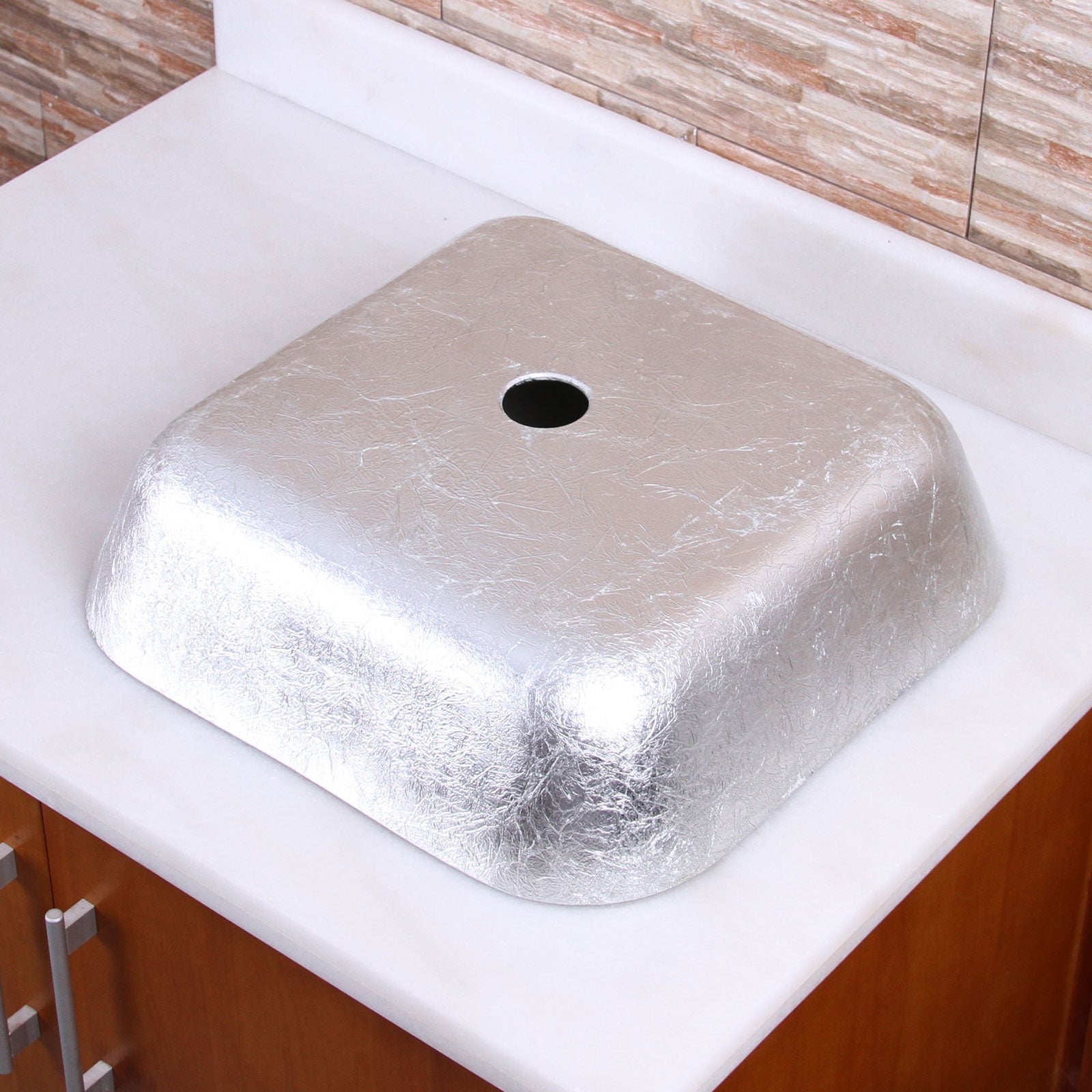 ELITE Crystal Glass Square Artistic Silver Tempered Glass Bathroom Vessel Sink 1605