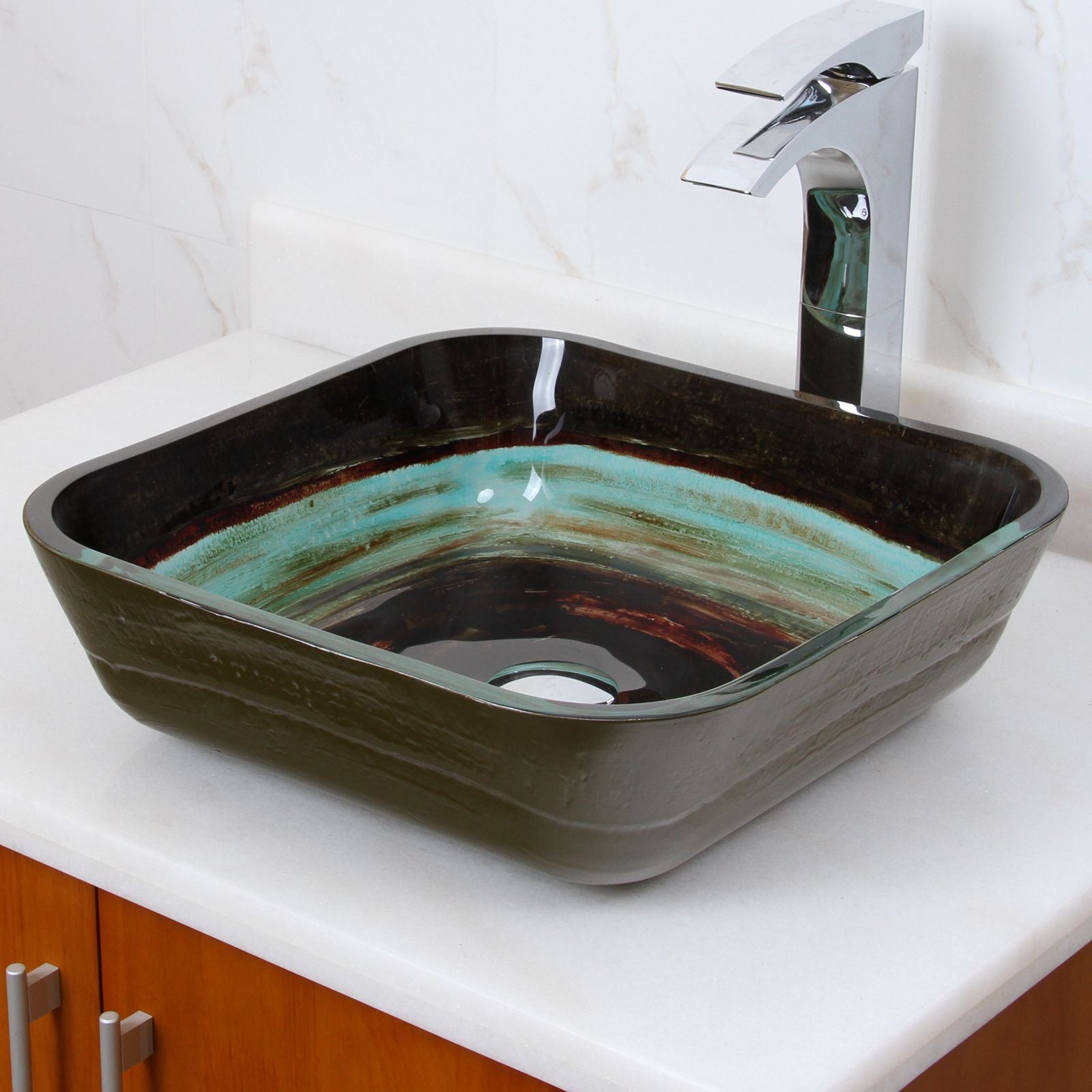 ELITE Square Space Tunnel Pattern Tempered Glass Bathroom Vessel Sink 1609