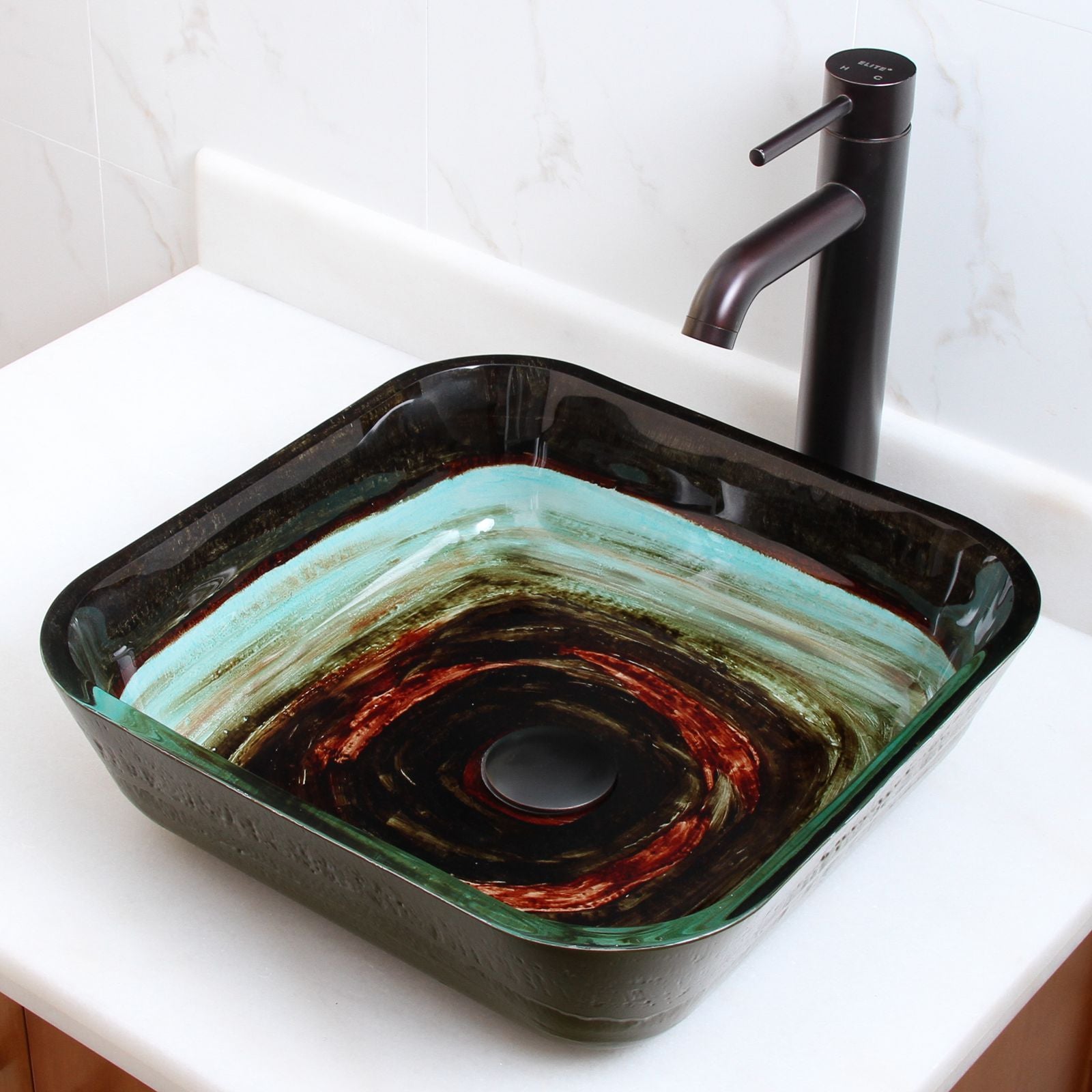 ELITE Square Space Tunnel Pattern Tempered Glass Bathroom Vessel Sink 1609