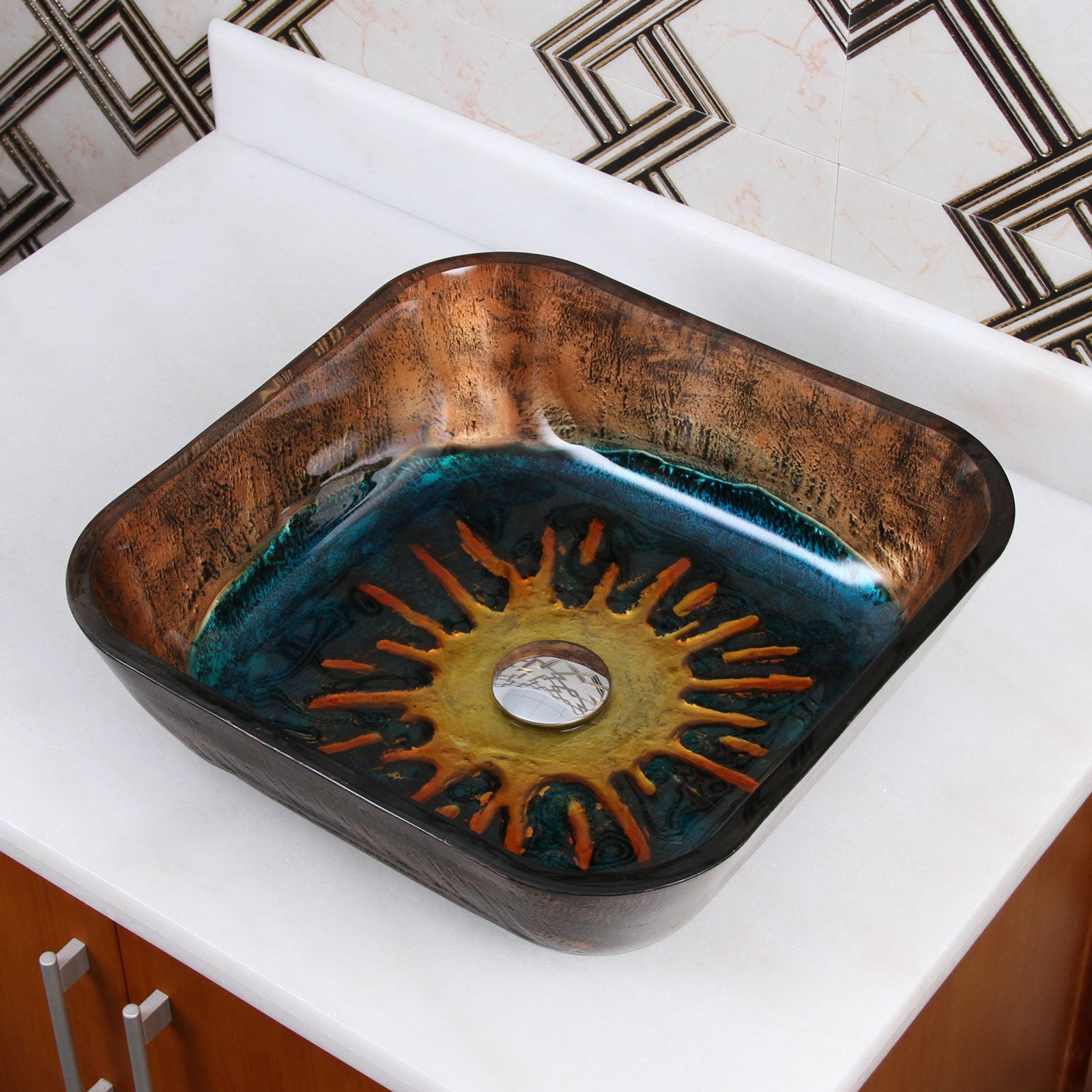 ELITE Square Volcanic Pattern Tempered Glass Bathroom Vessel Sink 1610