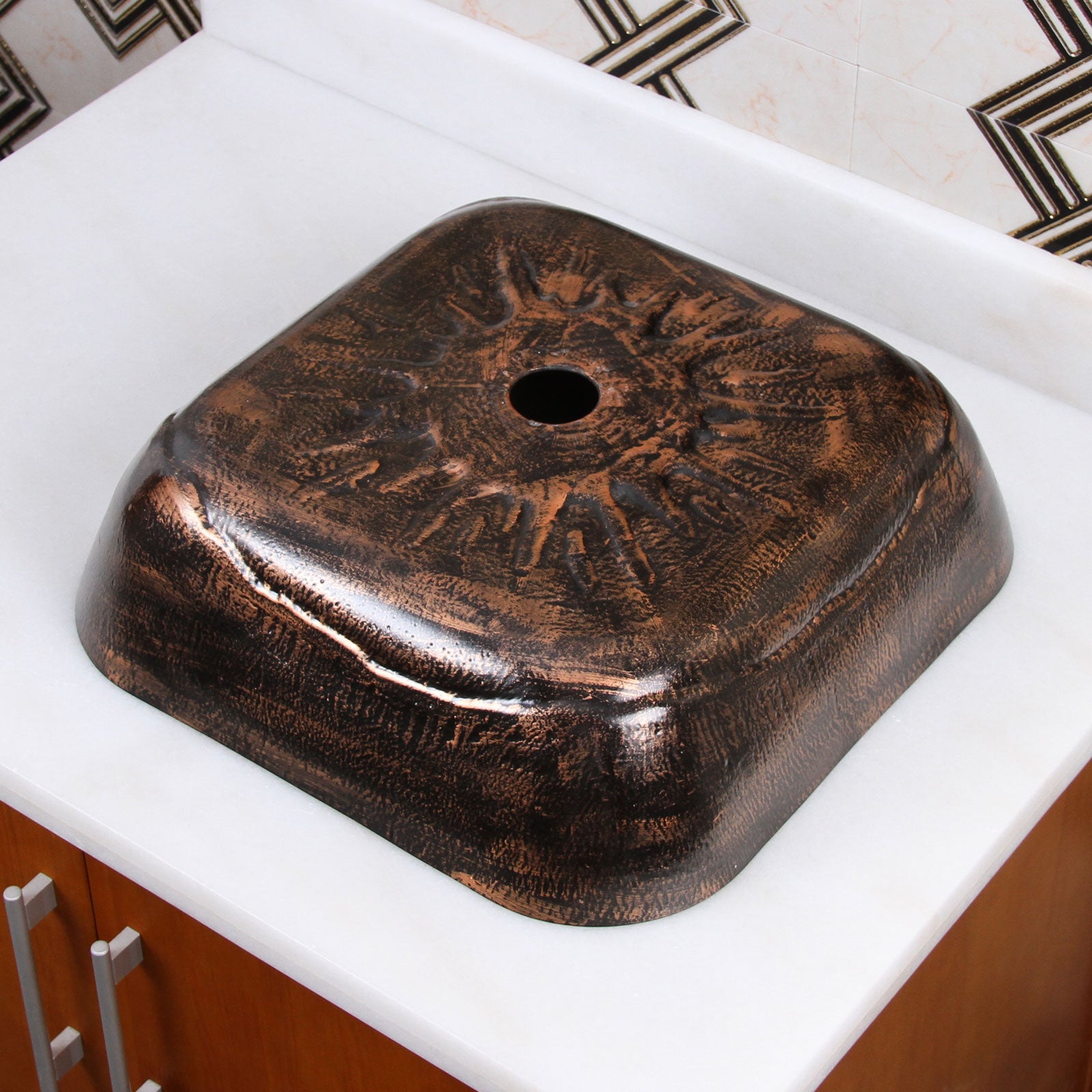 ELITE Square Volcanic Pattern Tempered Glass Bathroom Vessel Sink 1610