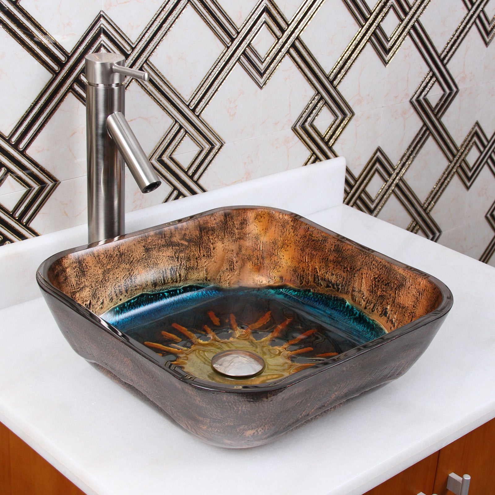 ELITE Square Volcanic Pattern Tempered Glass Bathroom Vessel Sink 1610