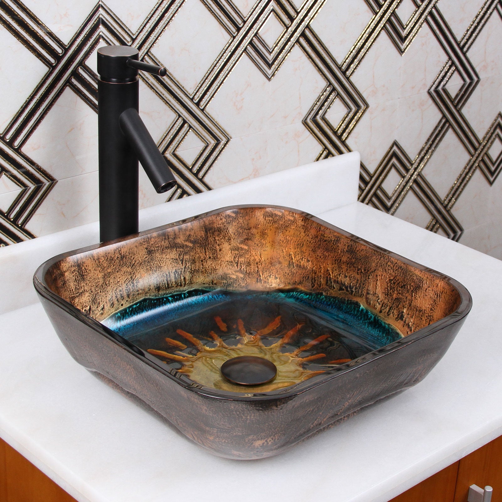 ELITE Square Volcanic Pattern Tempered Glass Bathroom Vessel Sink 1610