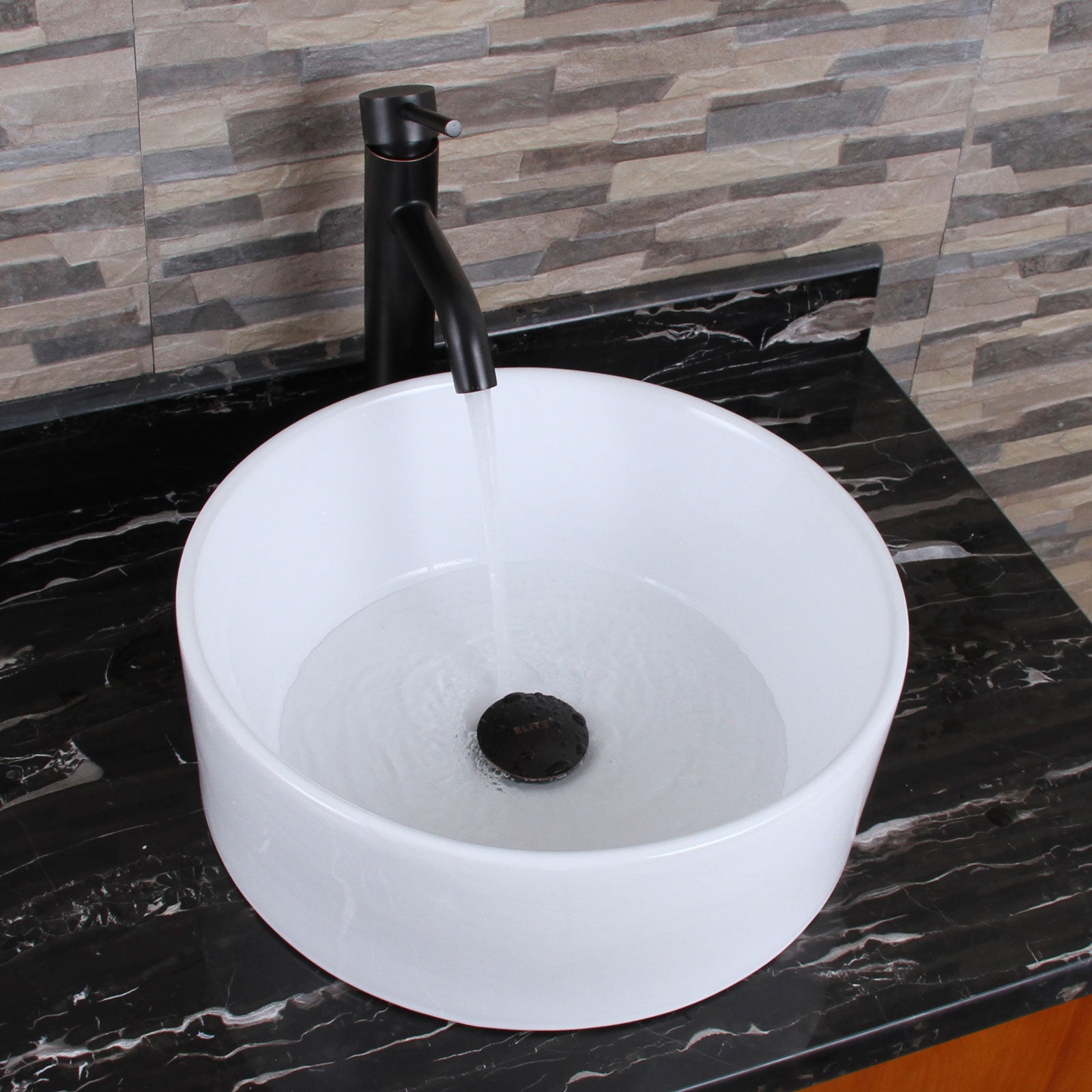 ELITE  Round Shape White Porcelain Ceramic Bathroom Vessel Sink & F371023 Single Lever Faucet Combo 304