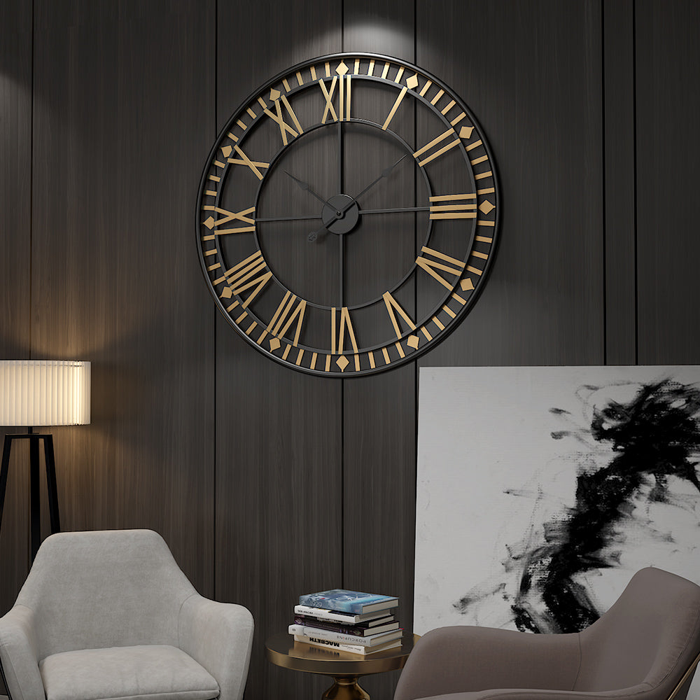 Jeezi Oversize Roman Numeral Modern Metal Wall Clock, Gold Finish with Black Hands (2 colors)