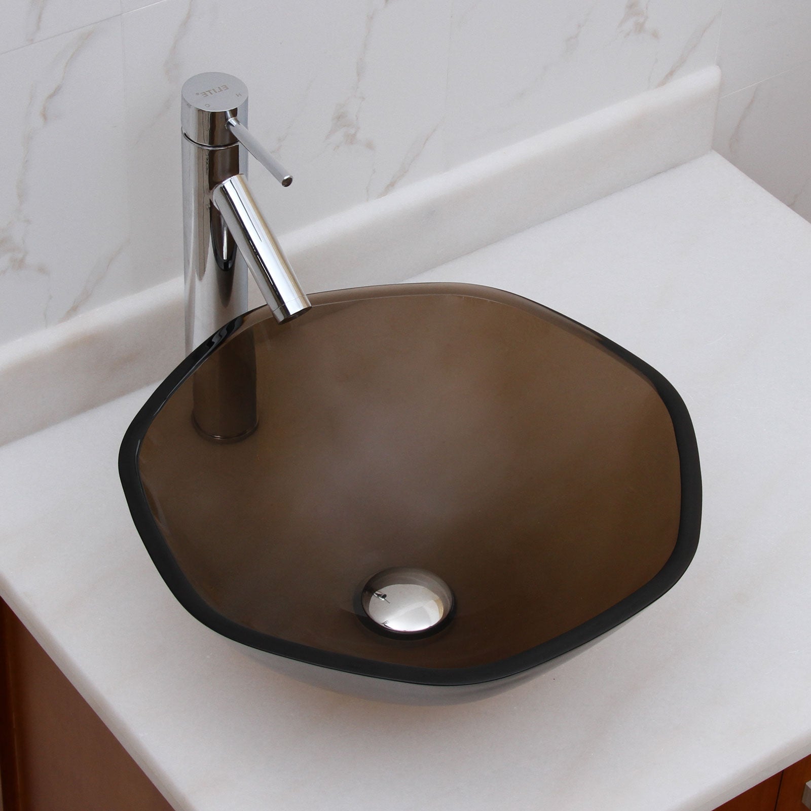 ELITE Modern Design Polygon Clear Brown Bathroom Glass Vessel Sink GD58