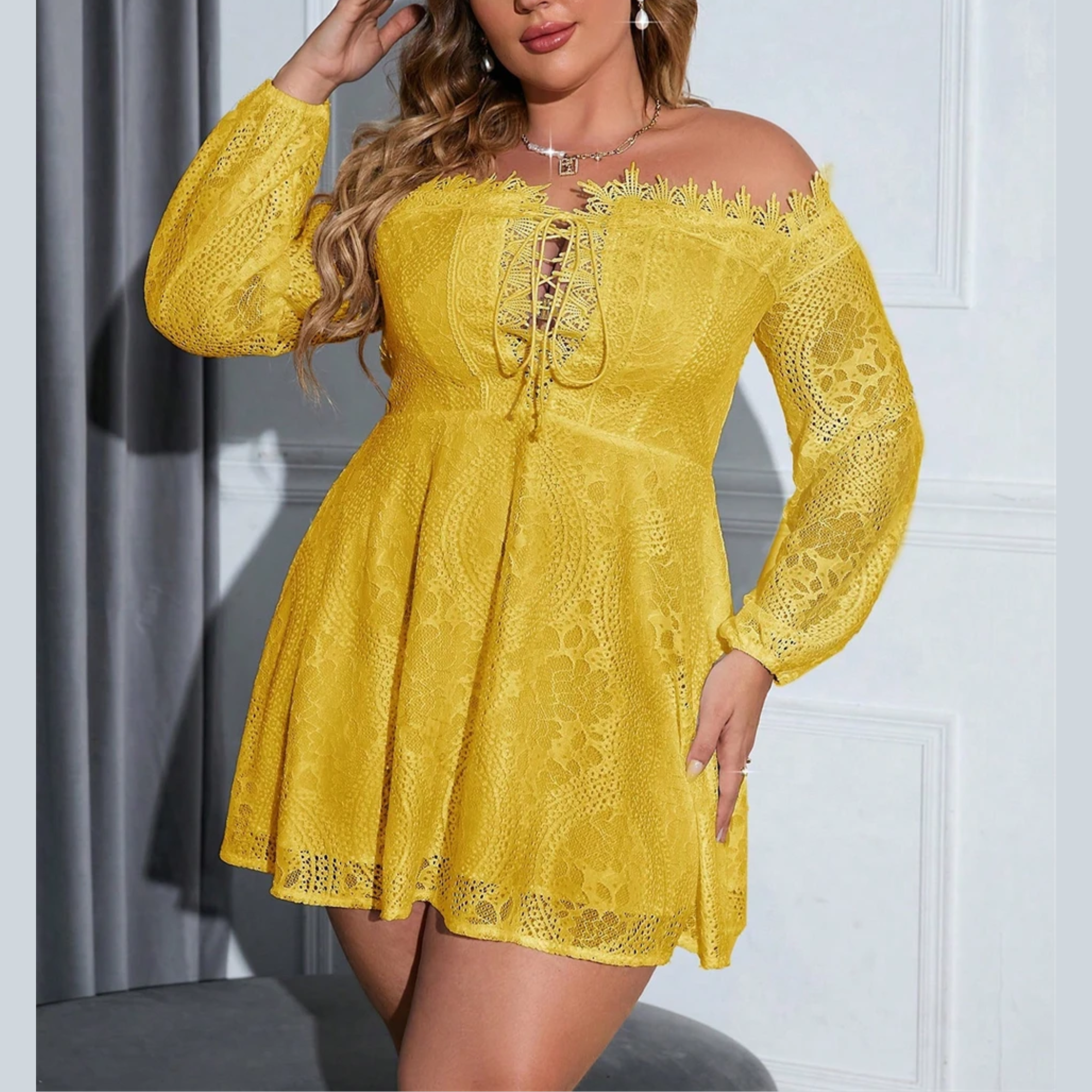 Candy - Yellow Off Shoulder Plus Size Lace Dress