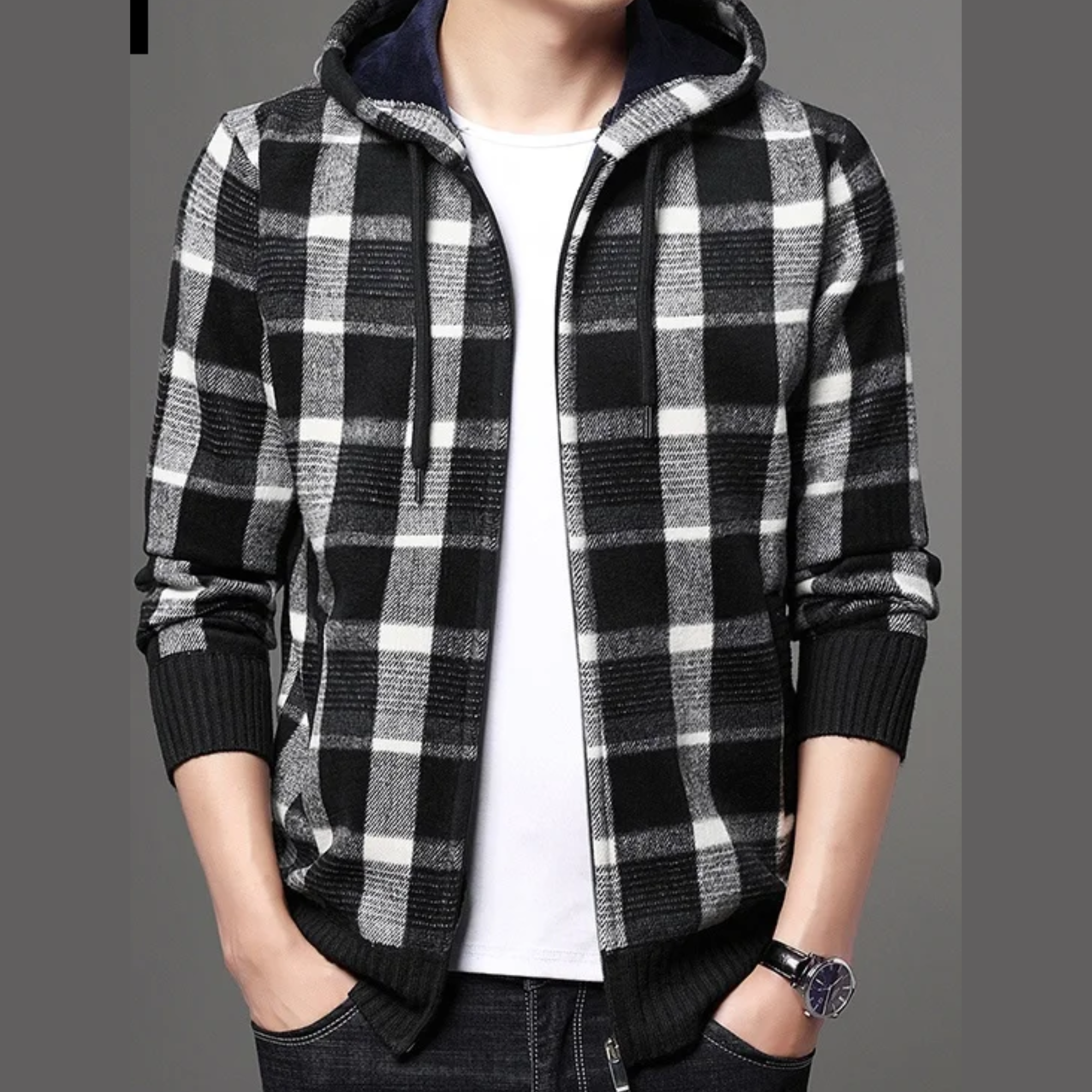 Leo - Plaid Hooded Zipper Jacket