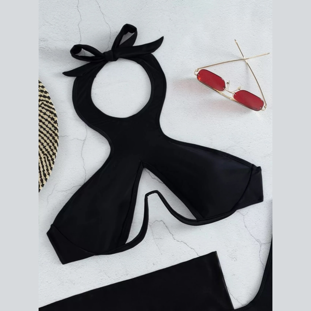 Black Three Piece Cutout Bikini Set With Cover-up