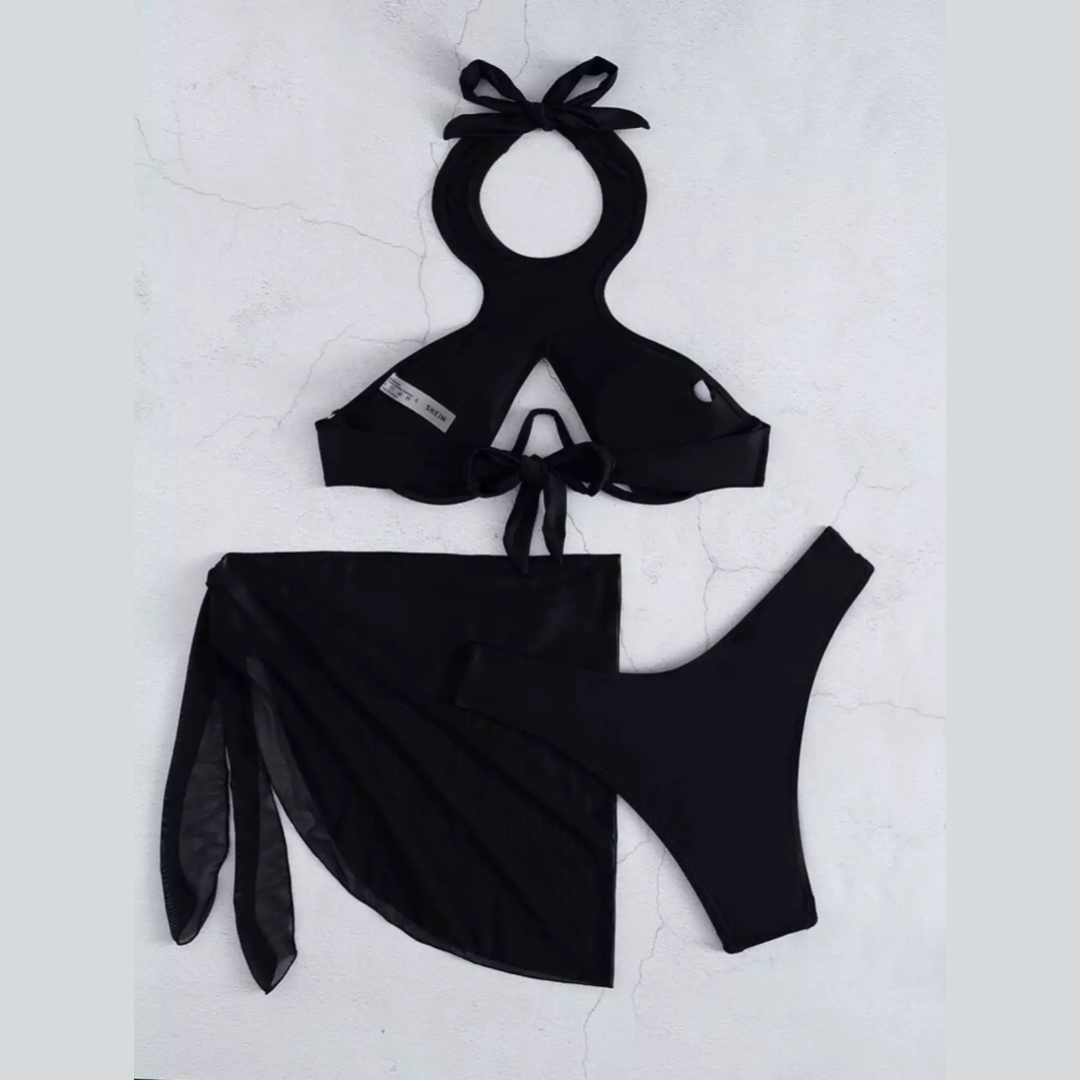 Black Three Piece Cutout Bikini Set With Cover-up