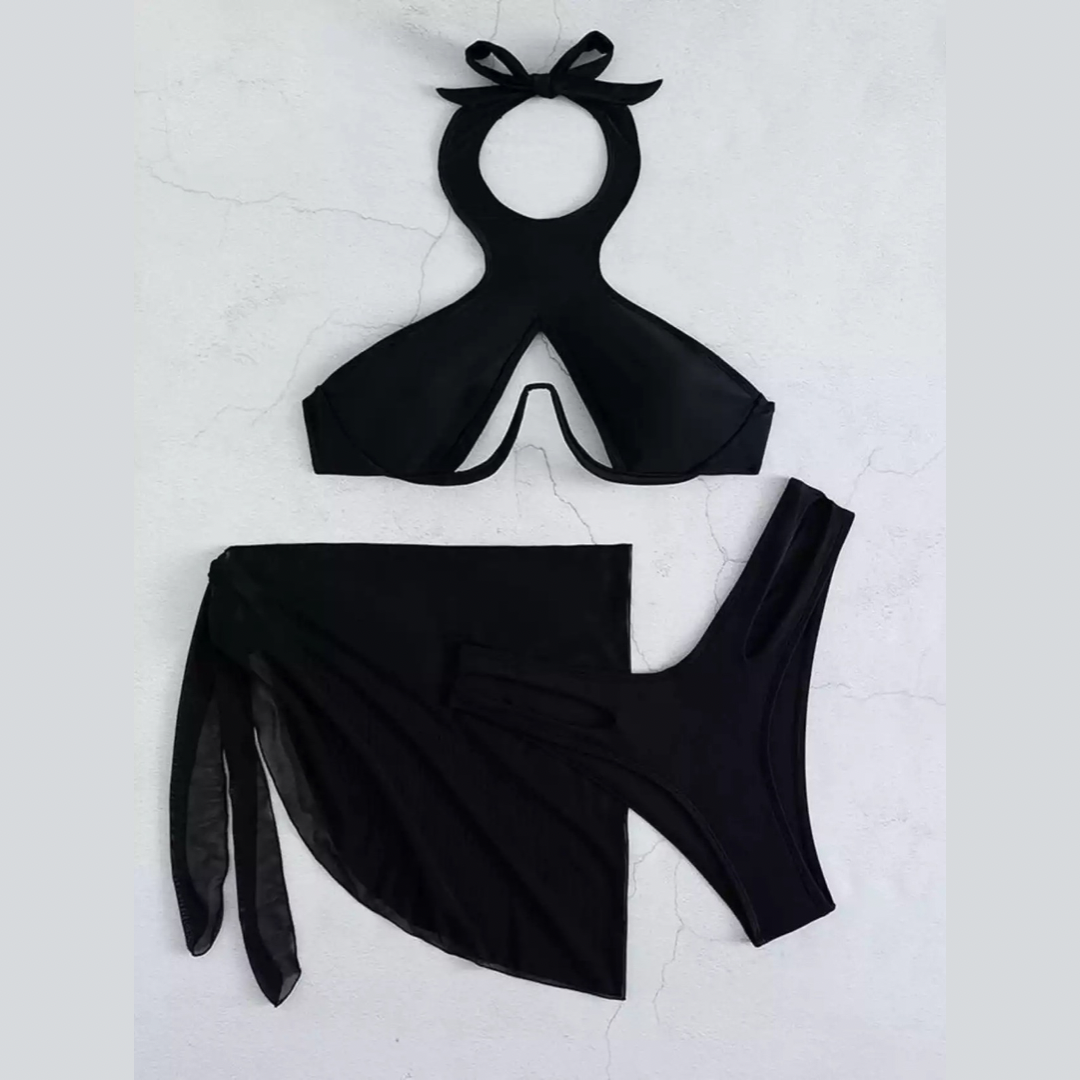 Black Three Piece Cutout Bikini Set With Cover-up