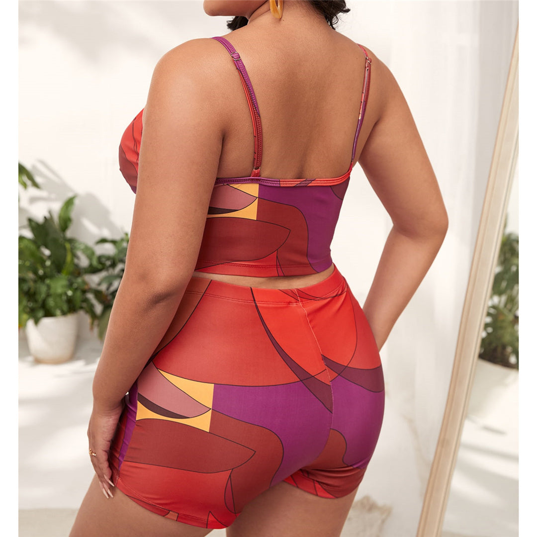 Plus Size Red Two Piece Printed Bikini Shorts Set