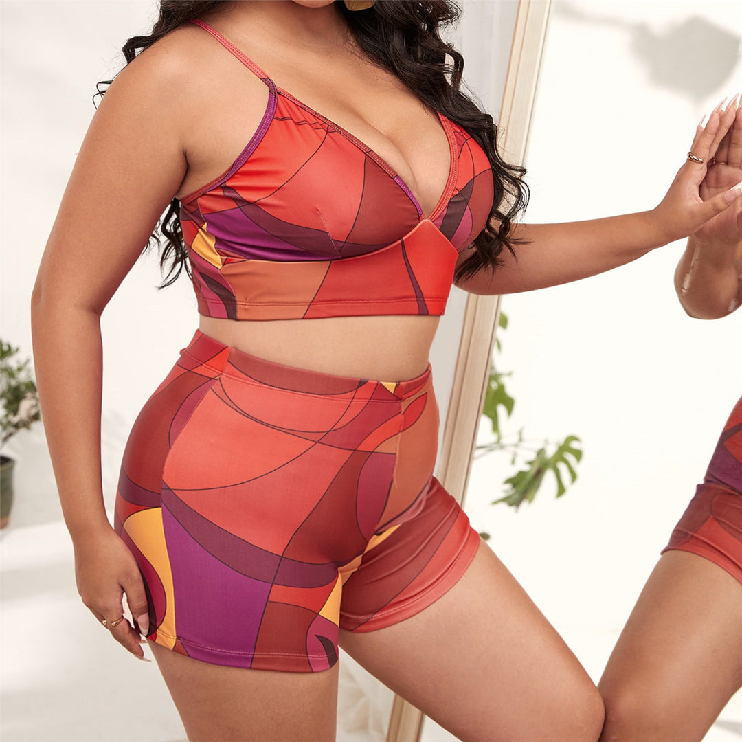 Plus Size Red Two Piece Printed Bikini Shorts Set