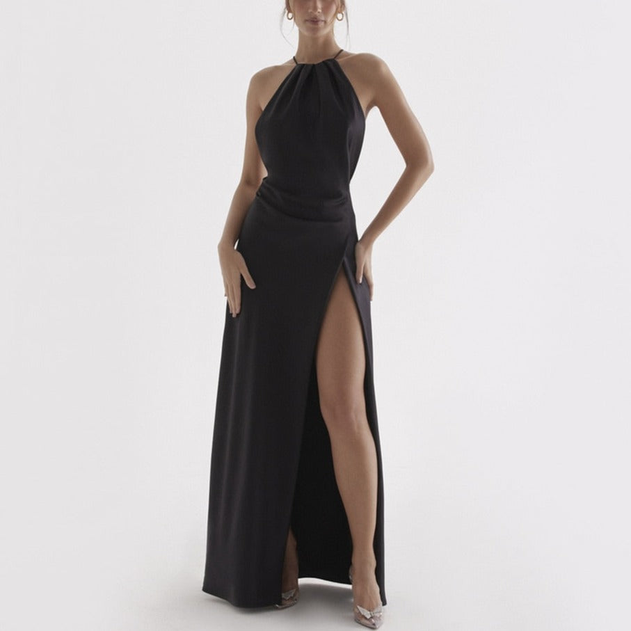 Sarita - Black Satin Backless Halter Neck Maxi Dress