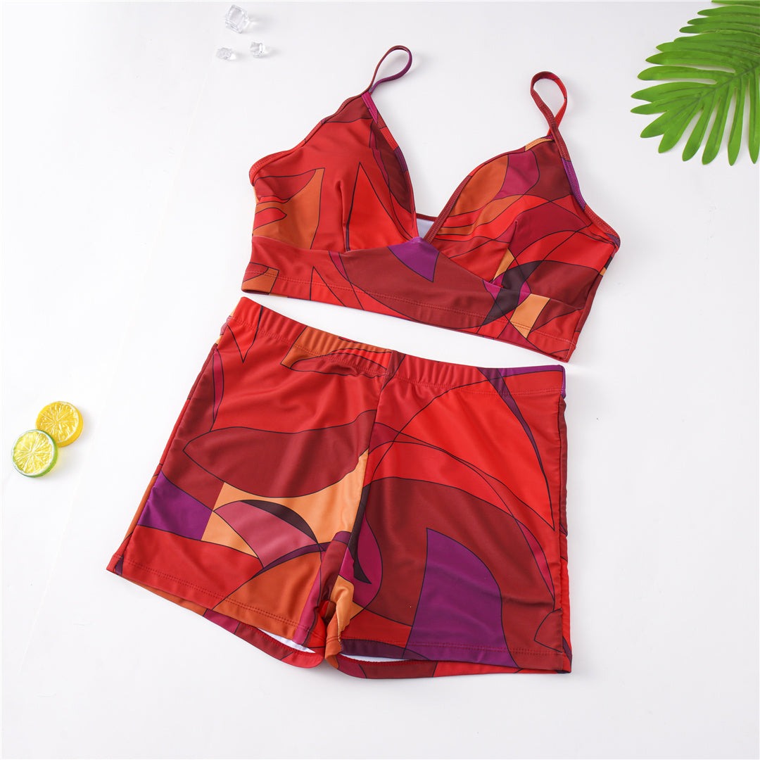 Plus Size Red Two Piece Printed Bikini Shorts Set