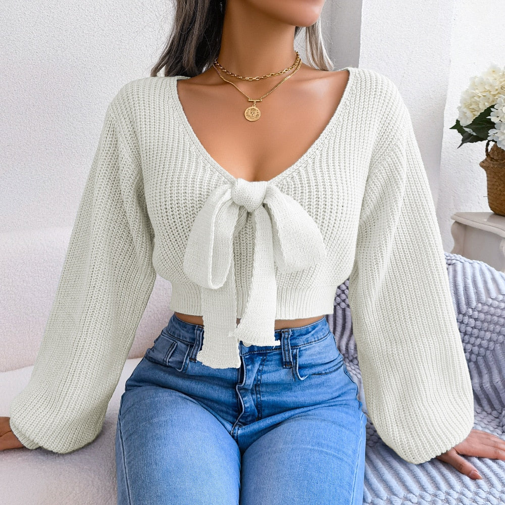 Birdie - White V-Neck-Bow Cropped Top