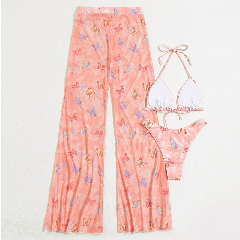 Pink Three Piece Bikini Set With Mesh Cover Up Pants