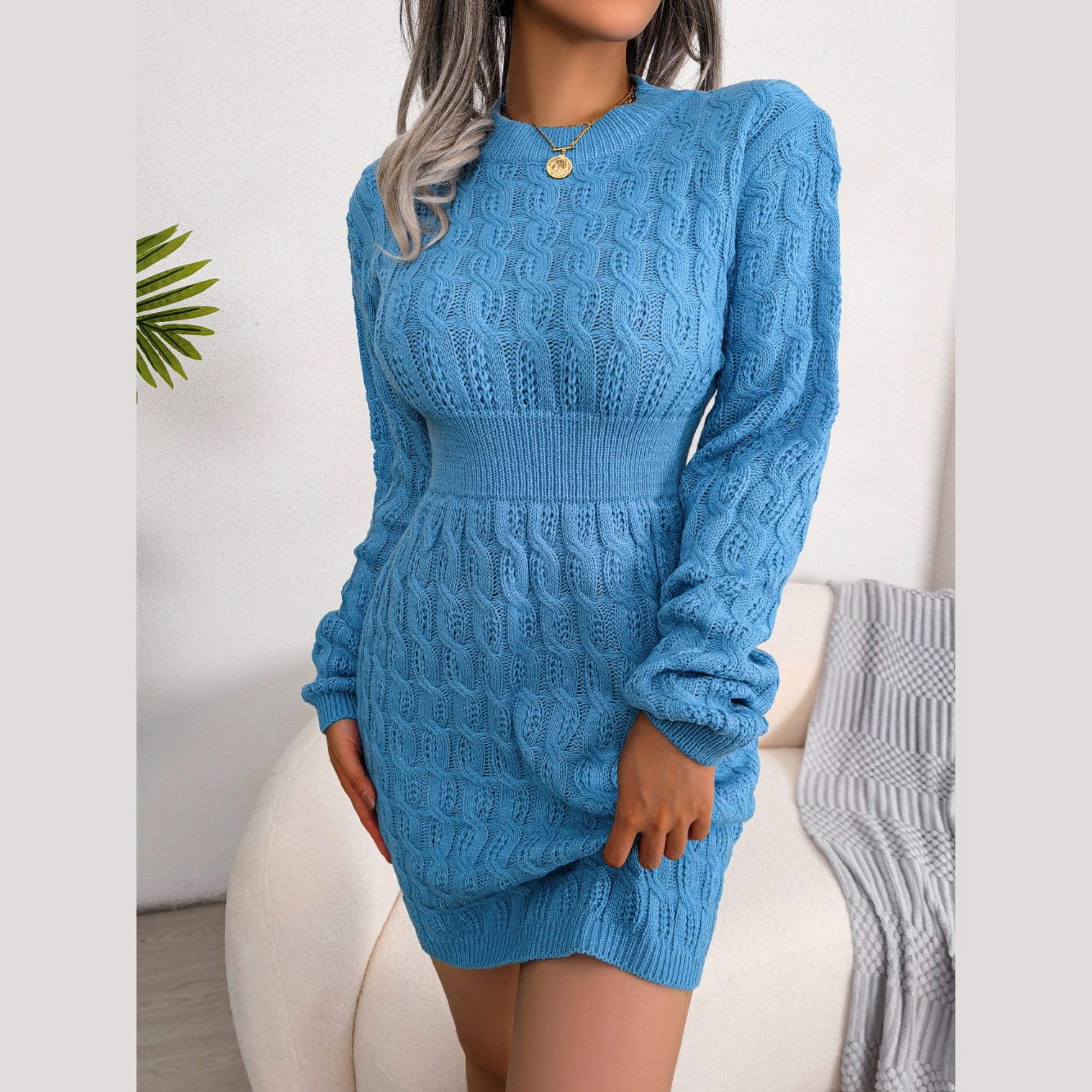 Samara - Blue Cable Knit Mini Sweater Dress