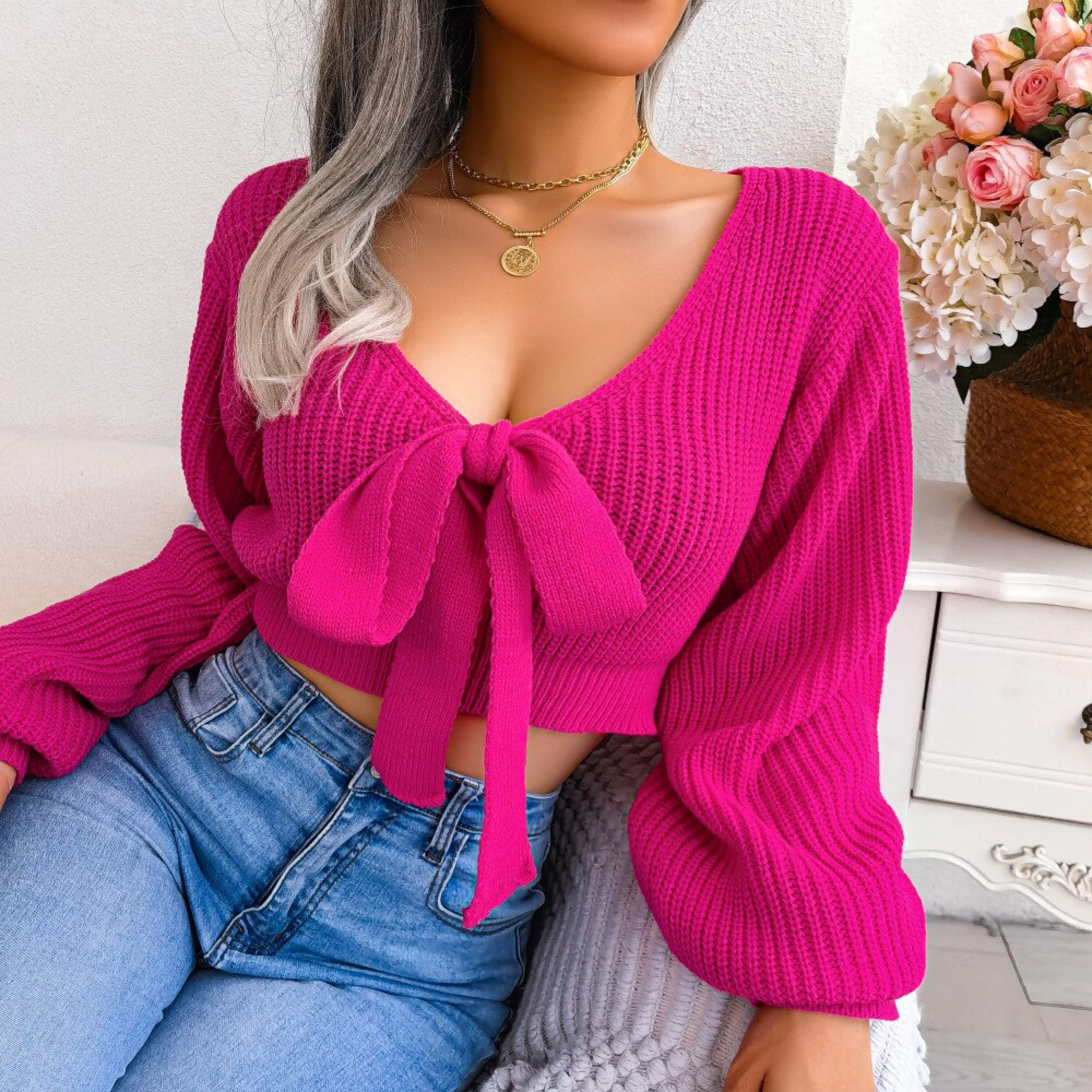 Birdie - Pink V-Neck-Bow Cropped Top