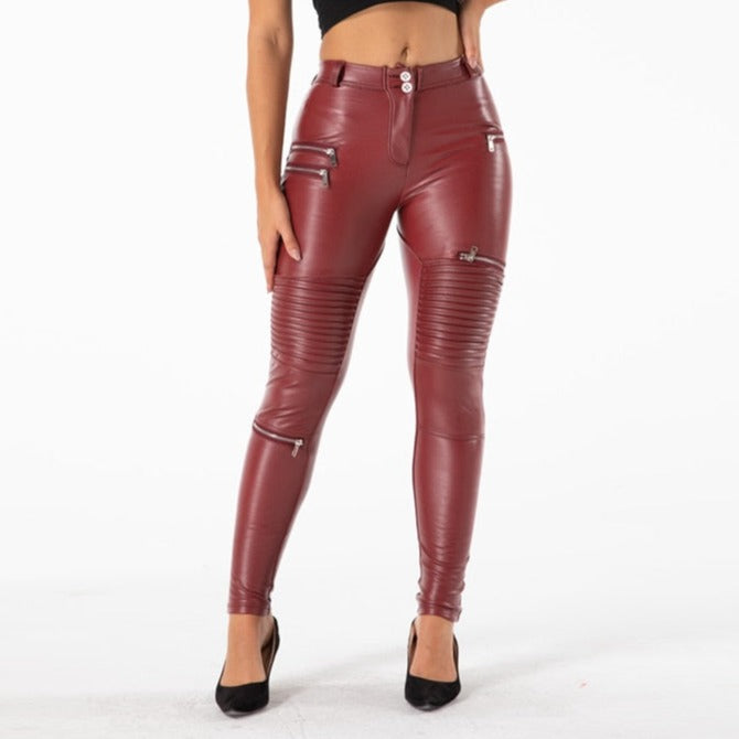 Cheeky Burgundy PU Butt Lift Zipper Pants