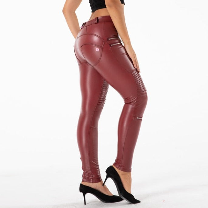 Cheeky Burgundy PU Butt Lift Zipper Pants