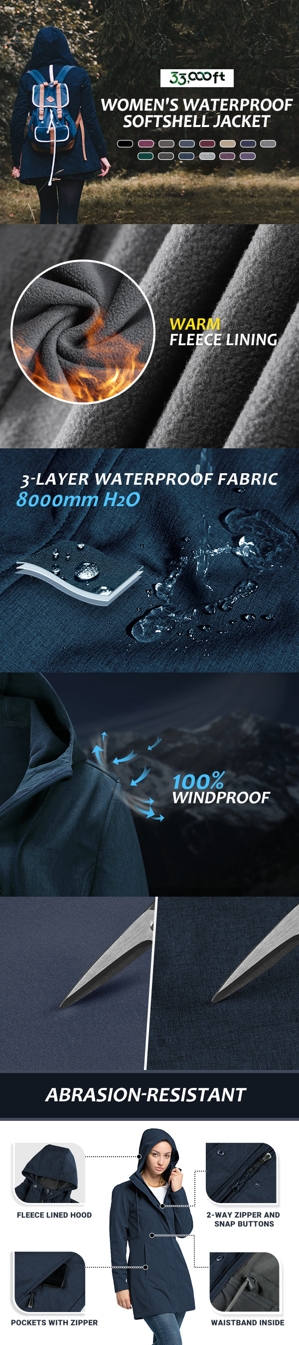 Women's Softshell Long Jacket with Hood Fleece Lined Windproof Warm up Waterproof Windbreaker