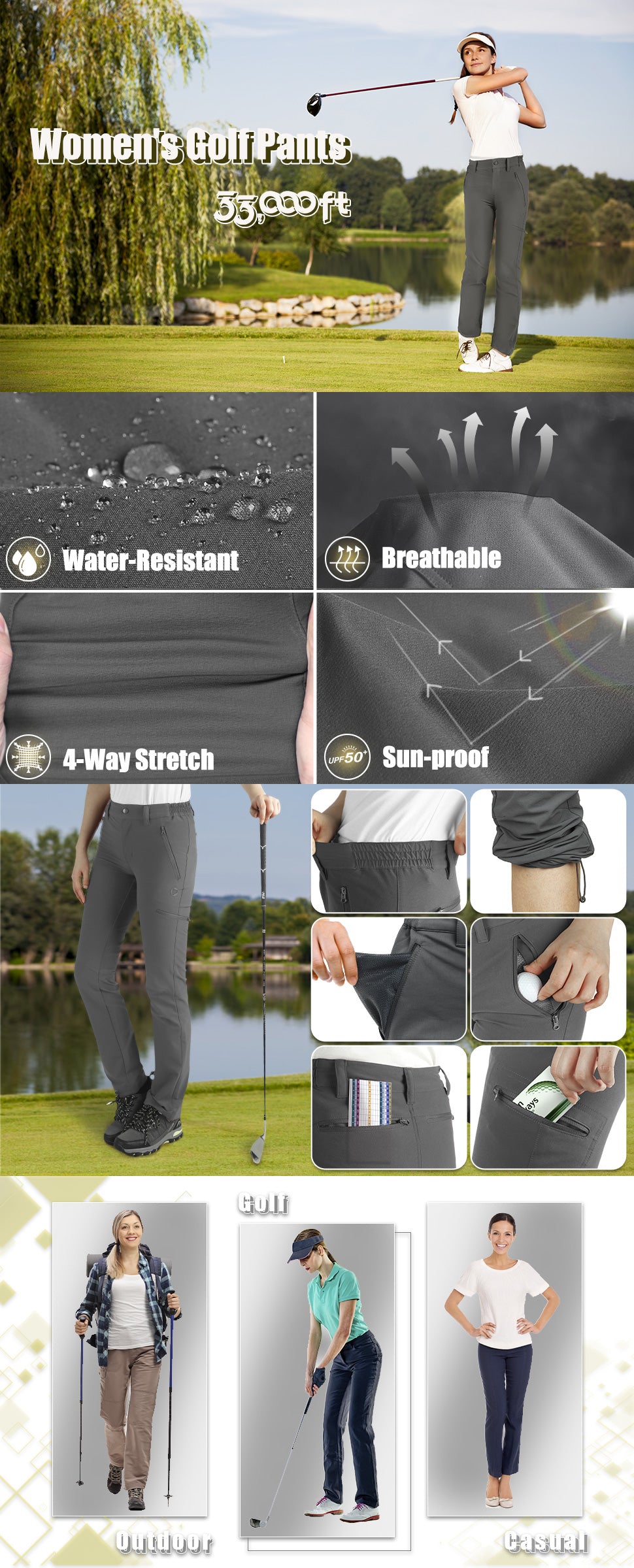 Women's Golf Pants, Water-Resistant Lightweight Hiking Pants with Adjustable Bottom for Travel, Camping, Fishing