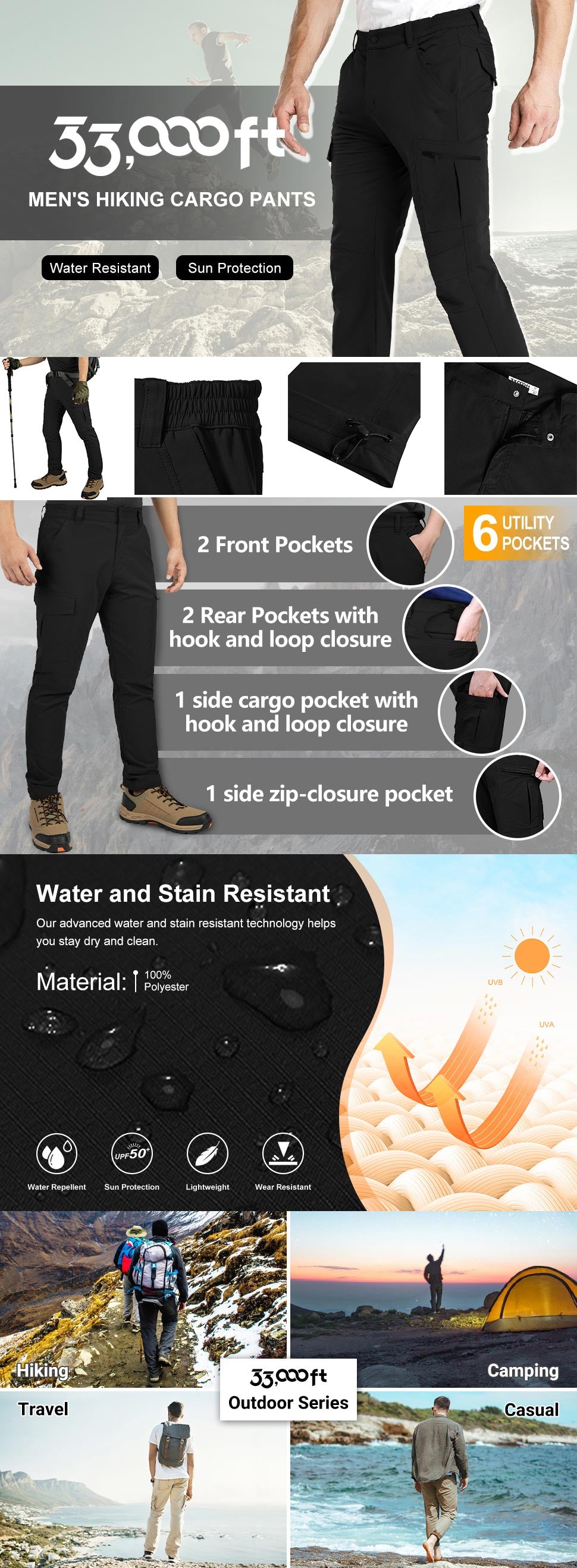 Men's Hiking Cargo Pants, Water Resistant Lightweight Ripstop Tactical Pants with 6 Pocket for Outdoor Travel