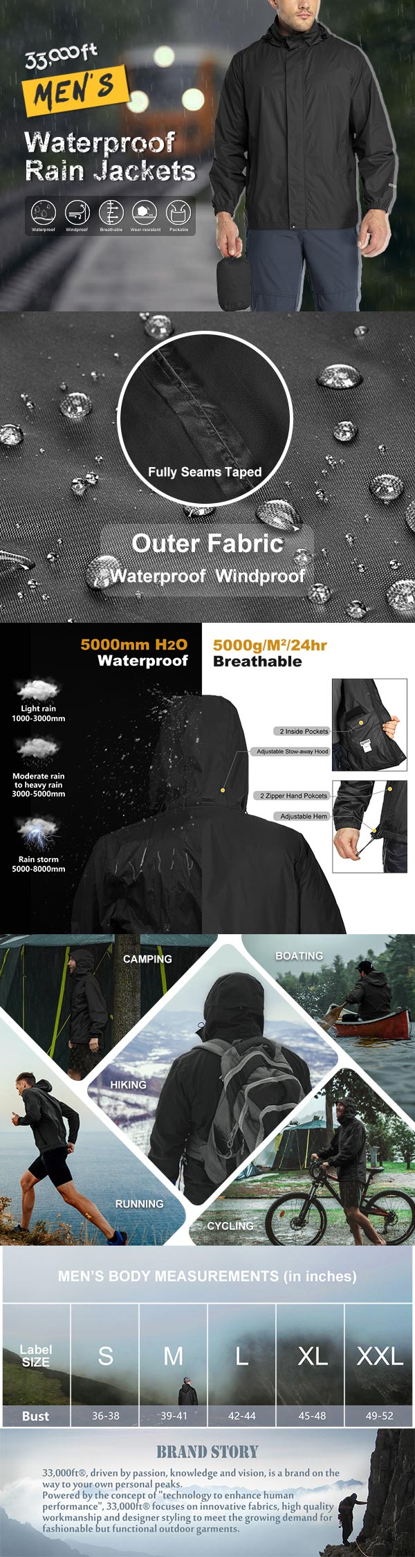 Packable Rain Jacket Men's Lightweight Waterproof Rain Shell Jacket Raincoat with Hood for Golf Cycling Windbreaker