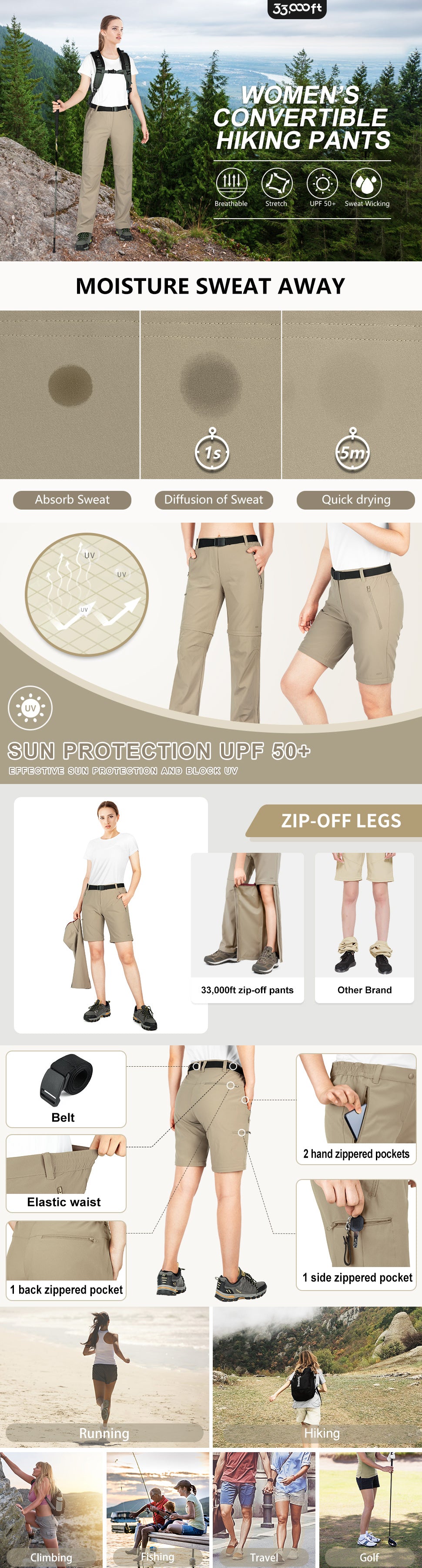 Women's Convertible Hiking Pants Quick Dry Zip-Off Hiking Pants for Fishing, Travel, Camping Grey