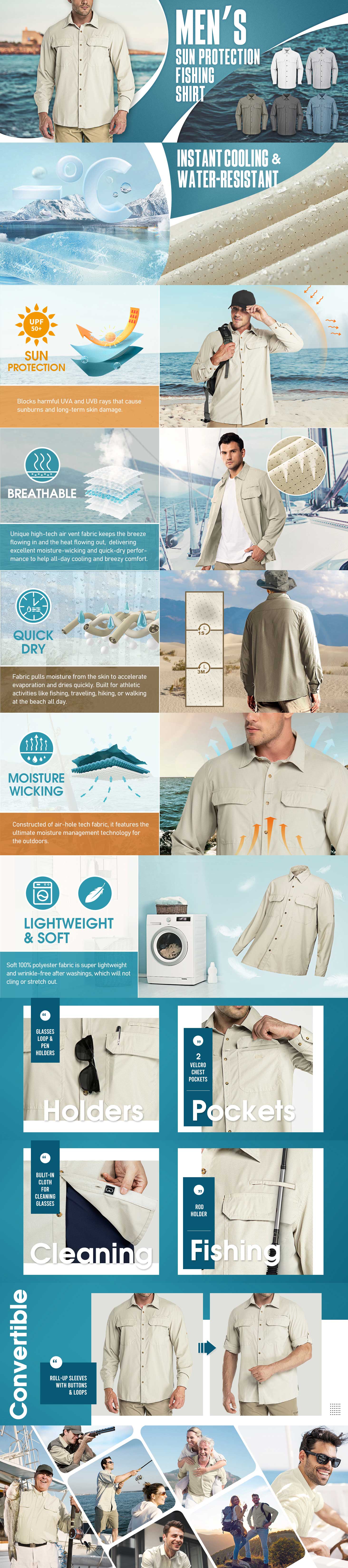 Men’s Long Sleeve Sun Protection Shirt UPF 50+ UV Quick Dry Cooling Fishing Shirts for Travel Safari Camping Hiking