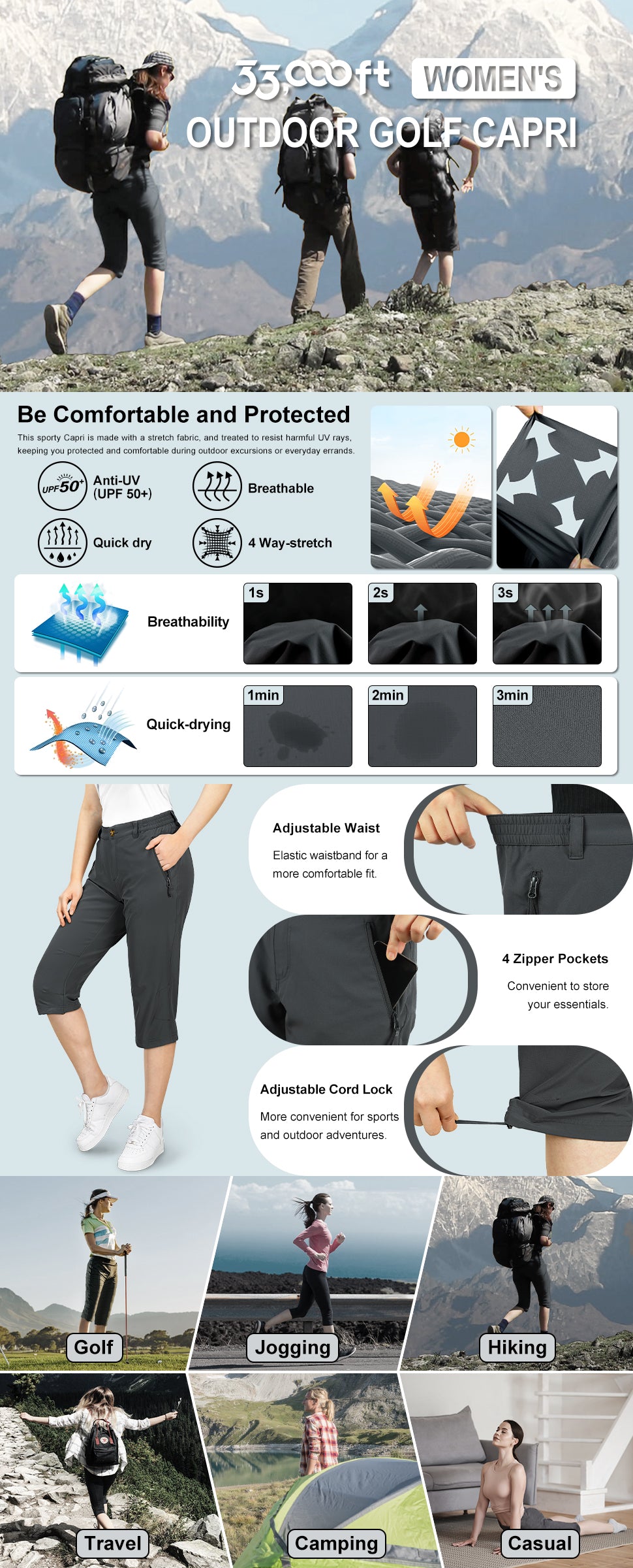 Women's Capri Golf Pants Casual Quick Dry UPF 50+ Lightweight Stretch Cargo Hiking Pants with Pockets
