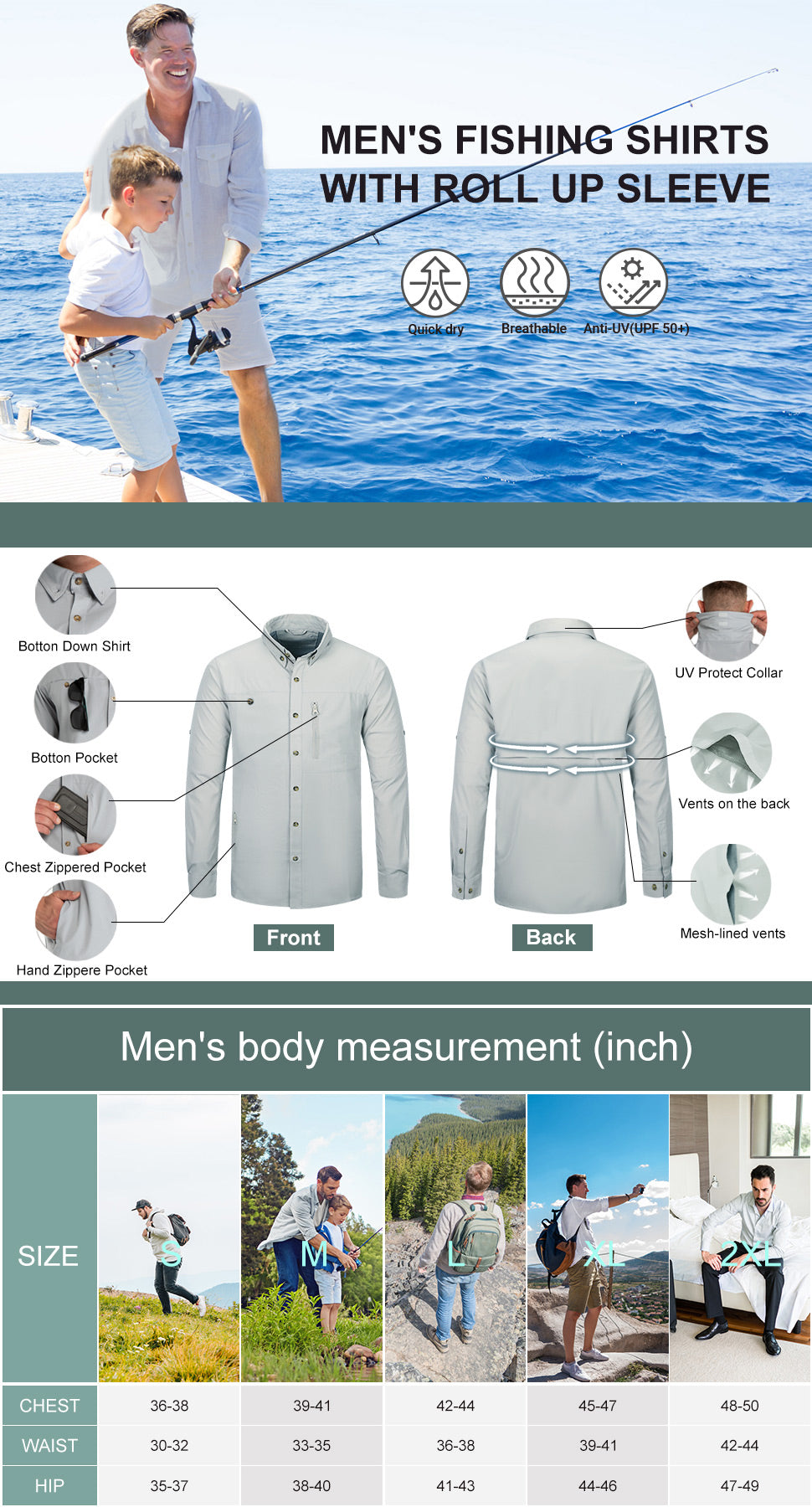 Men's Long Sleeve Hiking Shirts UPF 50+ UV Protection Shirt for Travel, Golf, Fishing