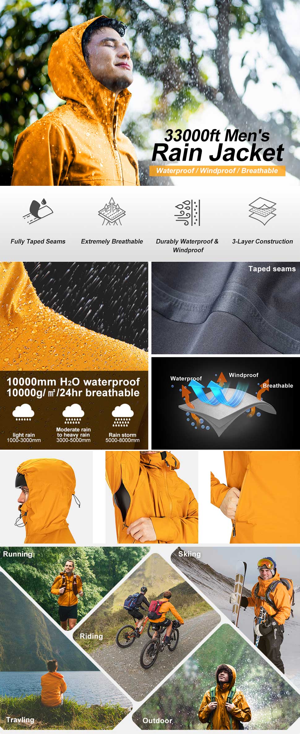Men’s 3-Layer Lightweight Waterproof Rain Jacket with Hood, Windbreaker Shells for Ski Hiking Golf Sailing Cycling