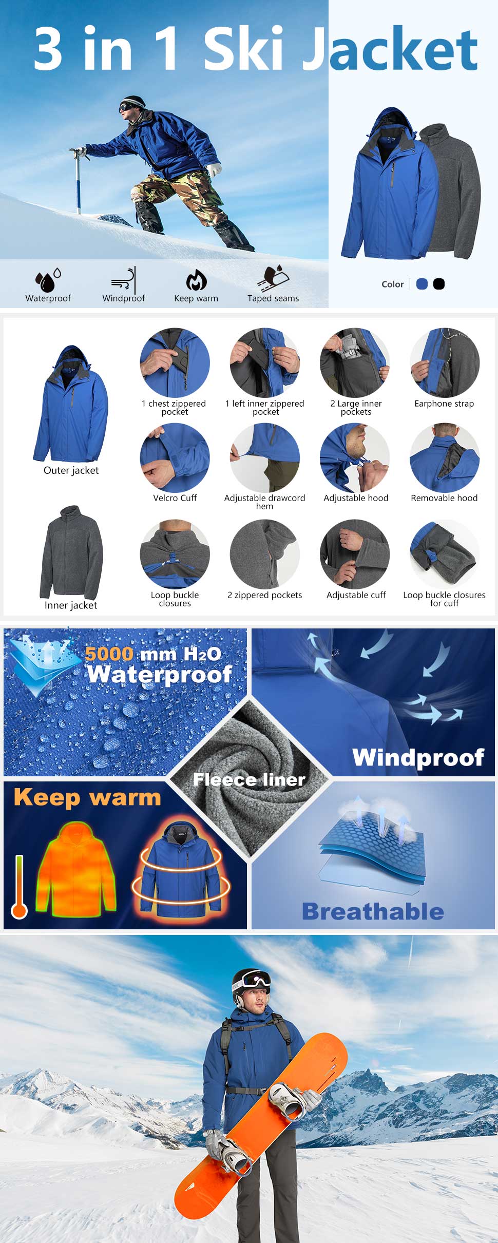 Men's 3 in 1 Ski Jakcets with Fleece Jackets Winter Windbreaker Snow Coat Parka for Hiking Sonwboard