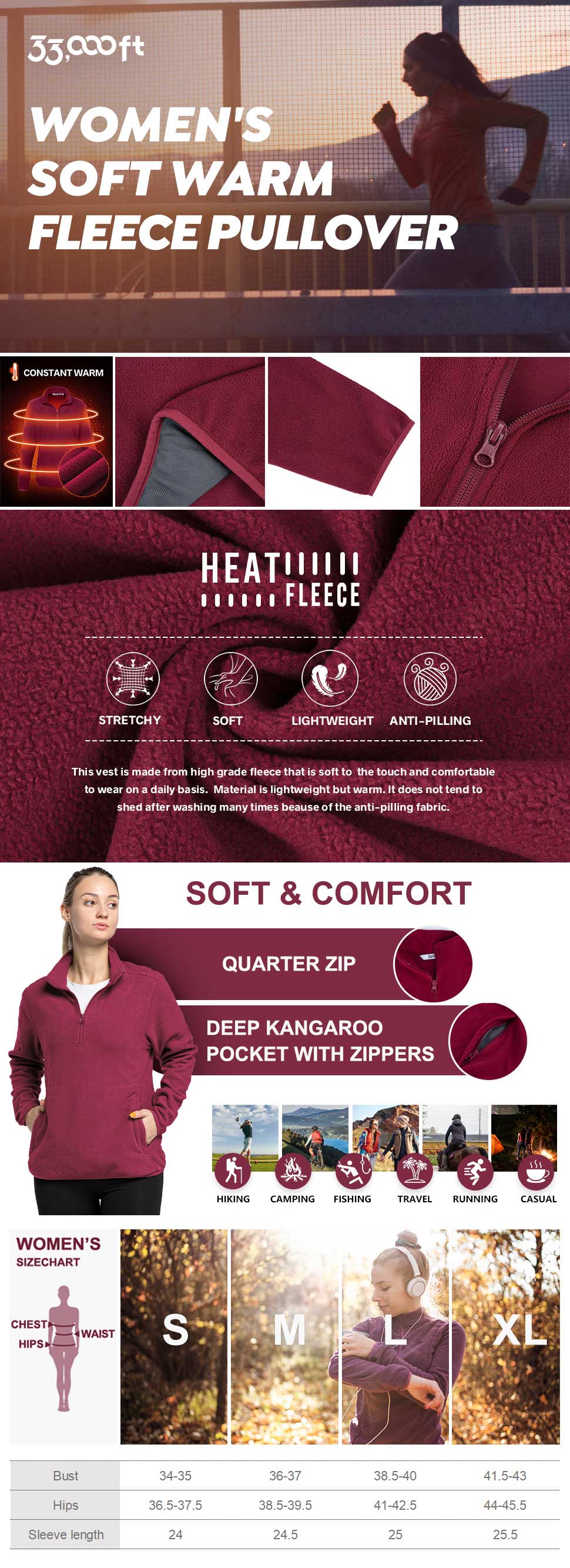 33,000ft Women's Lightweight Long Sleeve Fleece Pullover Jacket, Quarter Zip Top Warm Polar Sweatshirt with Zipper Pockets