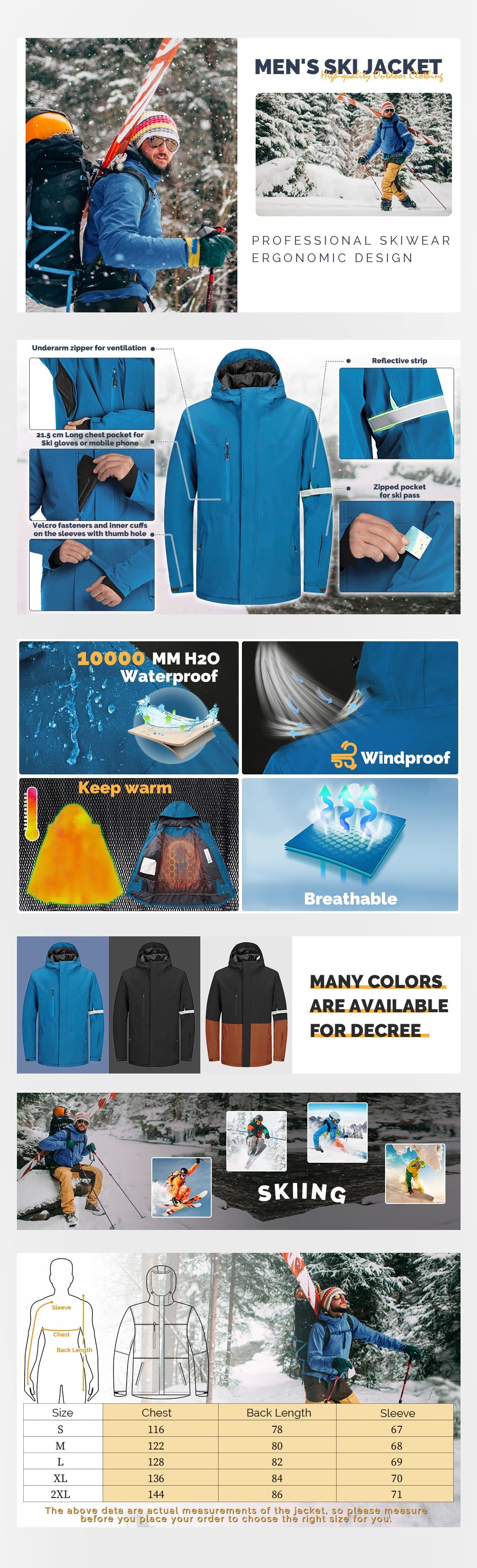 33,000ft Men’s Waterproof Ski Jacket Insulated Warm Winter Snow Coat Mountain Windproof Snowboard Rain Jacket Parka