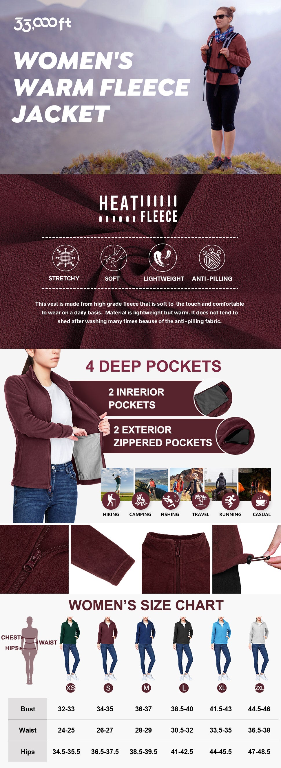 Women's Zip Up Fleece Jacket, Long Sleeve Warm Soft Polar Lightweight Coat with Pockets for Winter