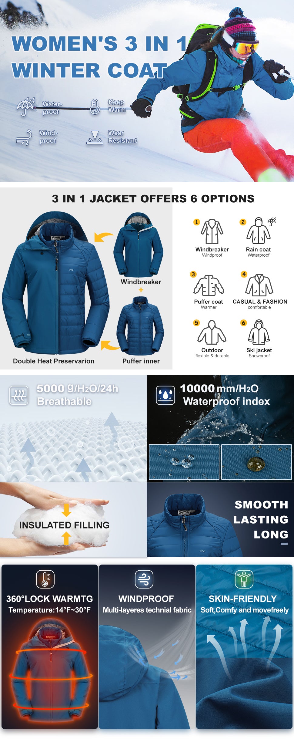 Women's Waterproof 3 in 1 ski Jacket Windproof Winter Snow Coat Ski Snowbaording Jackets Warm Raincoat